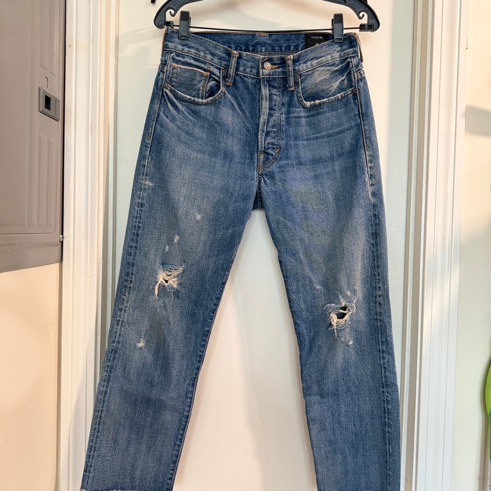 Vince Boyfriend Jeans with Vintage Distressing, Medium Blue, sz 25, 100% Cotton